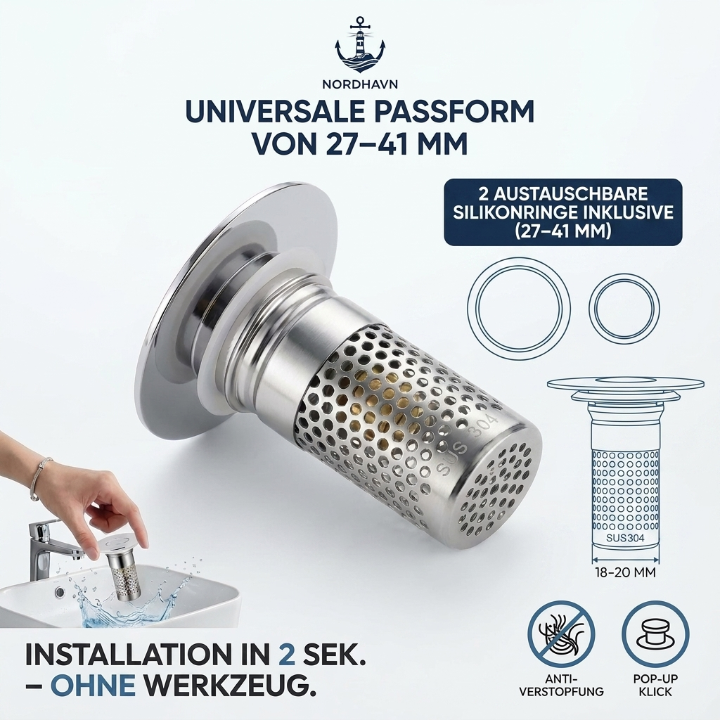NordHavn 2-in-1 Abflussstopfen – 27–41 mm